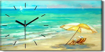 Produktbild von Dekor Leinwand Uhr Wandbilder 60x30 Malerei Strand Ozean Meer Wellen Regenschirm - schwarze Hände