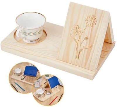 Produktbild von Azomor® Holzbuchständer mit Blumenmuster und integriertem Becherhalter