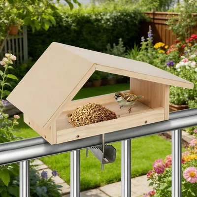 Obrázok produktu pre Kŕmna stanovište pre vtáky na balkón, s držiakom z nehrdzavejúcej ocele, z prírodného dreva, odolné voči poveternostným vplyvom, vhodné pre zábradlia do šírky 8 cm