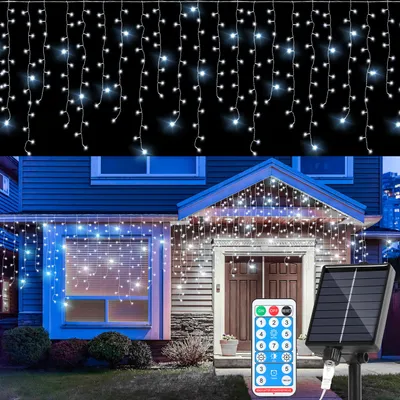 Image de Guirlande lumineuse solaire LED Ikodm 10 mètres, effet "pluie de glace" avec 400 LED, forme de stalactites, rideau lumineux pour intérieur et extérieur, avec télécommande, lumière blanche froide