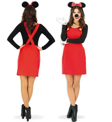 A woman wearing a Minnie Mouse costume, shown from the front and back.
