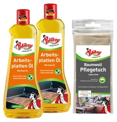 Produktbild von Poliboy 2er Arbeitsplatten Öl mit Baumwolltuch - für unbehandelte und geölte Hölzer - schützt vor Wasser und Schmutz - 2x500ml - 99A0701