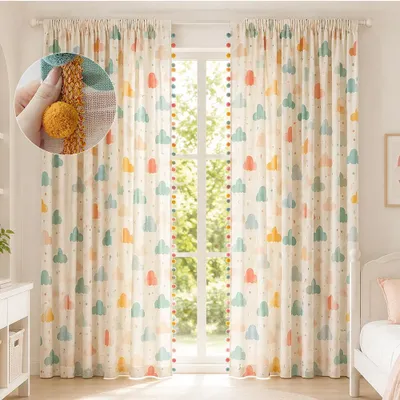 Produktbild von Vorhänge Kinderzimmer 2er Set Kräuselband Bunt Vorhang mit Pompons Leinenoptik 150GSM Sichtschutz Blickdicht Wolken Dekoschal Baby Mädchen 132x215cm