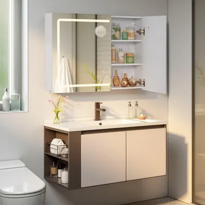 Image de Armoire miroir avec éclairage et prise électrique | Blanc | 80x16,5x60 cm