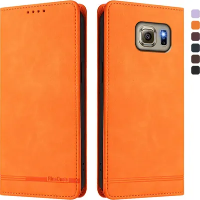 Produktbild von Hülle für Samsung Galaxy S6, Retro Kunstleder Ständer Klapphülle mit Kartenfächer und Magnetische Orange
