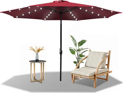 Produktbild von Faziango 3.5m Sonnenschirm UV50+ Sonnenschutz Gartenschirm Strandschirm LED Solar, ohne knickbar, Schirmtuch mit PA-Beschichtung, Rot