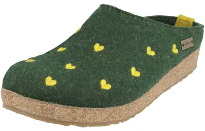 Produktbild von Haflinger Damen Pantoffel Schurwolle Herz Stickerei Grizzly Cuoricini 741031, Größe:38 EU, Farbe:Grün