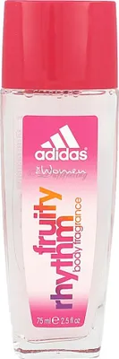 A clear, front-facing product shot of an Adidas Fruity Rhythm body fragrance spray for women.
