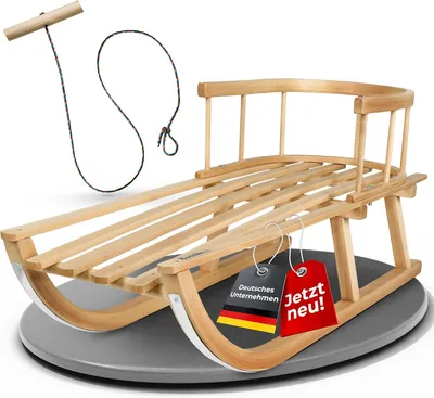 Produktbild von Holzschlitten für Kinder mit Rückenlehne, Kinderschlitten aus Holz mit Zugseil & Gurt, Stabiler Holzschlitten für Kinder & Erwachsene | 90cm