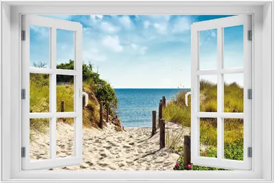 Produktbild von Wallario Wandbild mit Fenster-Illusion: Auf dem Sandweg zum Strand, Größe: 61 x 91,5 cm, Poster mit weißem Aluminiumrahmen