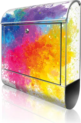 Zdjęcie produktu dla banjado Design Skrzynka pocztowa stalowa srebrna z przegródką na gazety, malowana proszkowo „Explosion of Colour 2” 38 x 46 x 12,5 cm i 2 klucze – skrzynka pocztowa A4 z otworem na listy, wraz z materiałami montażowymi [BK 13325]