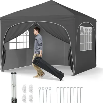 Produktbild von GOPLUS 3 x 3 m Pop-up-Pavillon, Faltpavillon mit 4 abnehmbaren Seitenwänden, Faltbarer Gartenpavillon mit 4 Sandsäcke, Grau