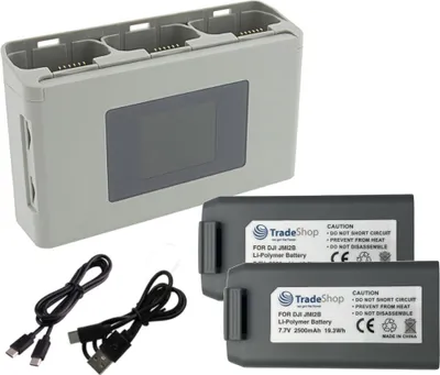 Produktbild von Trade-Shop 3in1 Set: 2x Li-Polymer Akku 2500mAh + Triple USB-C Ladegerät Powerbank kompatibel mit DJI Mini 2 SE, Mavic Mini 2, Mini 4K Drohne