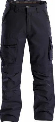A pair of dark navy cargo pants is shown against a white background.