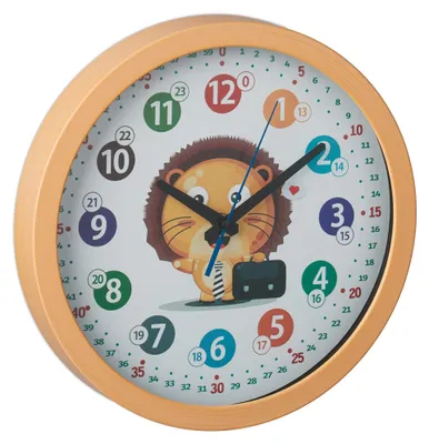 Produktbild von Relaxdays Wanduhr Kinder, Ø 30 cm, Kinderzimmeruhr Löwe, bunte Zahlen, Uhrzeit lernen, Lernuhr Junge & Mädchen, gelb