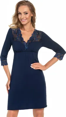 Produktbild von DONNA Elegantes Nachthemd/Negligee mit verführerischer Spitze, Dunkelblau mit 3/4-Ärmeln, Gr. 48