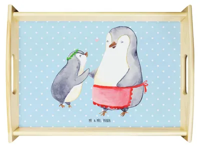 Produktbild von Mr. & Mrs. Panda Holztablett Pinguin mit Kind - Blau Pastell - Geschenk, Muttertag, essenstablett, Vorbild Mama, Mutter, sofatablett, tablett aus holz, Serviertablett