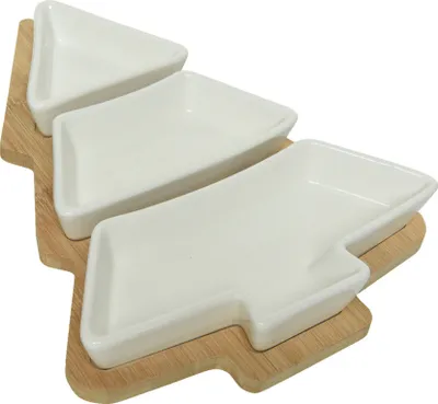 Produktbild von Tapas Schalen Set aus Keramik mit Holztablett 27x20cm natur / weiß
