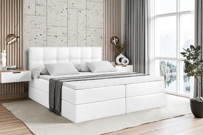 Produktbild von ALTDECOR Boxspringbett mit Multipocket-Matratze H4 (20 cm hoch) mit + PUR + Kokosmatte, Topper (5 cm hoch), Polsterbett mit Kopfteil und Bettkasten MARCE 200x200 - Weiß Kunstleder