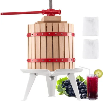 Imagen del producto de Prensa manual para vino, ideal para la elaboración de vino. Cesta de madera con capacidad de 3.2 galones (12 litros)