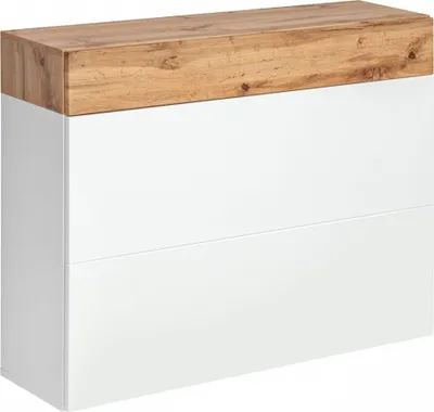 A white and wood drawer cabinet.