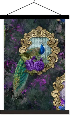 Produktbild von MuchoWow® Textilposter Muster - Blumen - Pfau 40x60 cm mit schwarzem Rahmen - Wanddekorationen