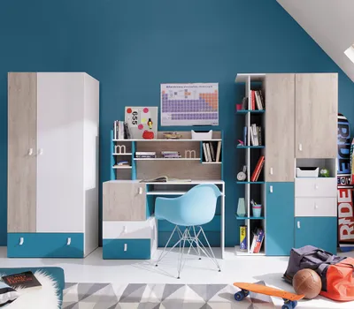 Produktbild von Jugendzimmer Set 5-teilig PITTSBURGH-133 mit Schreibtisch in weiß mit Eiche und blau