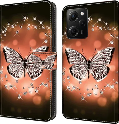 Produktbild von CLM-Tech Hülle kompatibel mit Xiaomi Redmi Note 12 Pro 5G - Tasche aus Kunstleder - Klapphülle mit Ständer und Kartenfächern, Schmetterling Diamanten Muster