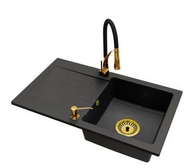 Produktbild von Küchenspüle Einbecken Leon Siphon Armatur Nexo Gold Seifenspender