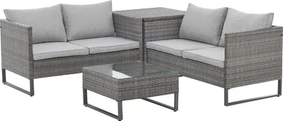 Graue Polyrattan Gartenlounge mit einzelnen Elementen bestehend aus zwei Bänken, einer Kissenbox und