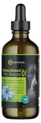 Produktbild von Kräuterland Schwarzkümmelöl für Hunde 100ml kaltgepresst, mit Pipette