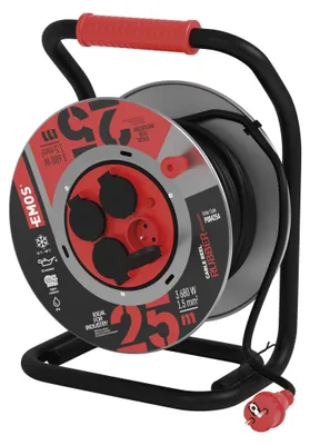 Venkovní prodlužovací kabel na bubnu 25 m / 4 zás. / černý / guma-neopren / 230V / 1,5 mm2