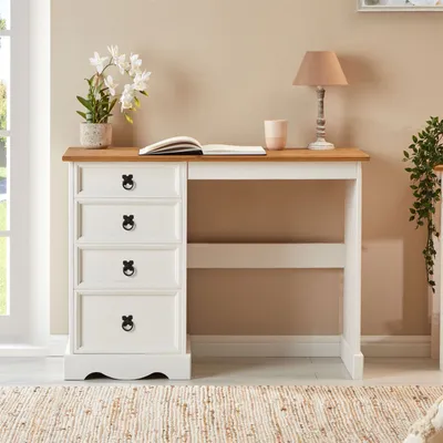 Produktbild von Schreibtisch CAMPO im Landhausstil, eleganter Tisch aus massiver Kiefer, Bürotisch mit Schubladen