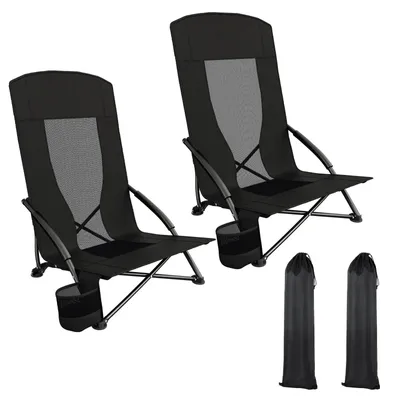 Produktbild von Strandstühle Campingstühle 2er Set - Klappstuhl Niedrig - Hohe Rückenlehne - Aluminiumrahmen - Tragetasche & Getränkehalter - Atmungsaktives Netz - Schwarz