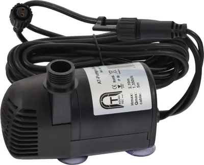 A black water pump with a power cord and a label showing product specifications.