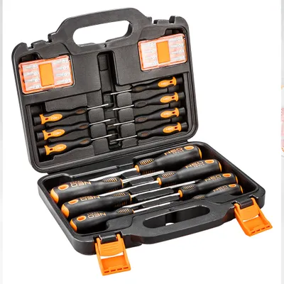 A set of screwdrivers in a black and orange case.
