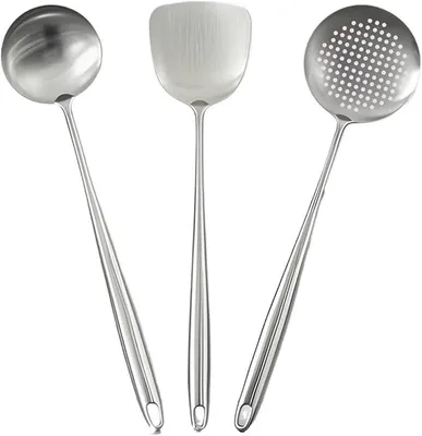 Imagen del producto de Juego de utensilios de cocina, que incluye: espátula para wok, espumadera, cuchara y cucharón (juego de 3 piezas)