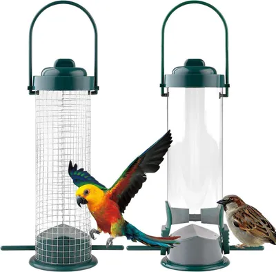 Image de set de 2 distributeurs de nourriture pour oiseaux sauvages avec support - Résistant aux intempéries dans le jardin