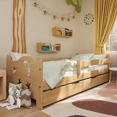 Produktbild von Kinderbett Lili mit Rausfallschutz, Schublade und Lattenrost | 160x80 cm | Kiefer, 100% Massivholz, natürliche Maserung | universell, stabil, bequem