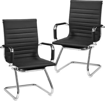 Two black office chairs with chrome frames against a white background.