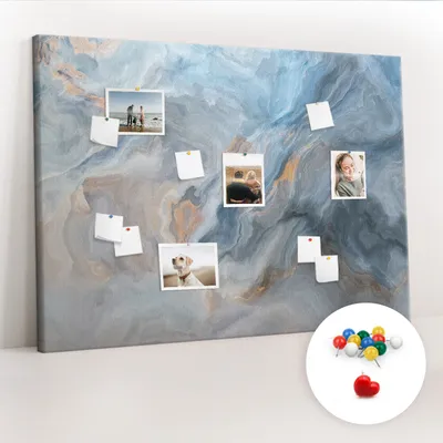 Imagen del producto de Tablero de corcho con chinchetas – Tablero con chinchetas para fotografías y notas – 140x100 cm – 100 chinchetas de colores – Diseño de mármol