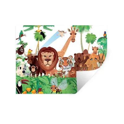 Produktbild von MuchoWow® Wandtattoo Wandsticker Wandaufkleber Wilde Tiere - Dschungel - Löwe - Tiger - Mädchen - Kinder - Jungen 160x120 cm Selbstklebend und Repositionierbar - Selbstklebend - Fototapeten