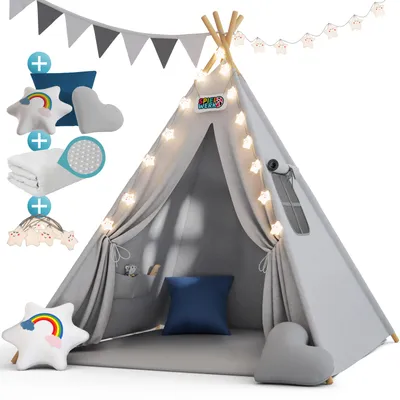 Produktbild von Spielwerk® Tipi Zelt Kinderzelt Indoor Spielzelt 130x130cm Set mit Bodenmatte Grau Blau Kinder Lichterkette Girlande Kissen Baumwolle Holz Tragetasche