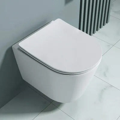 A white wall-mounted toilet in a modern bathroom setting.