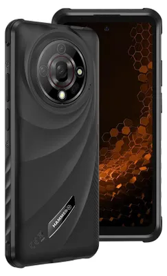 A black smartphone is shown from the back, with its camera module prominently displayed. Another phone is partially visible behind it, showing a honeycomb pattern on its screen.
