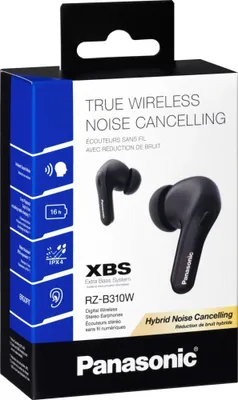 The image shows the retail packaging of Panasonic RZ-B310W true wireless noise-cancelling earbuds.
