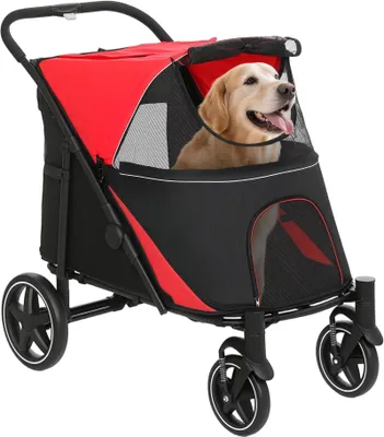 Produktbild von Hundewagen faltbar Hundebuggy mit Kissen, Netzfenster, Tasche, Oxford, Rot