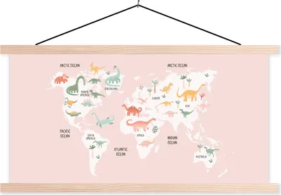 Produktbild von MuchoWow® Textilposter Kinderzimmer - Weltkarte - Dino 60x30 cm mit holzfarbenen Rahmen - Dekoration