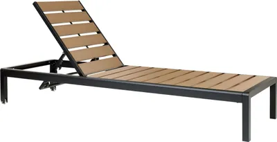 Zdjęcie produktu dla BELIANI Leżak ogrodowy jasnobrązowy z czarnym aluminium i sztuczne drewno 198 x 64 cm regulowany zagłówek