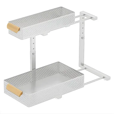 Produktbild von 2-stufiger L-förmiger Küchen- und Badezimmer-Organizer - Ausziehbares Metallregal - Höhenverstellbar - Weißes Aufbewahrungsregal für Unterschrank2-stufiger L-förmiger Küchen- und Badezimmer-Organizer - Ausziehbares Metallregal - Höhenverstellbar - Weißes Aufbewahrungsregal für Unterschrank